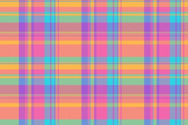 Pembe, sarı, turkuaz ve mor renkli canlı ekose desenler. Moda, tekstil ve altyapı için kullanışlı. Tarzı, sıcaklığı ve nostaljiyi çağrıştırıyor..