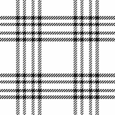 Bant vektör kumaşı pürüzsüz, ambalaj dokusu tekstil kontrolü. Beyaz ve gri renk paletinde tartan arkaplan ekoseli desen örneği.