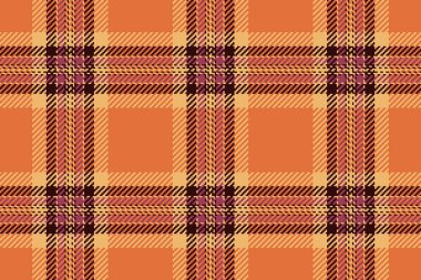 Mutlu noeller kumaş tartan kontrolü, otelin kusursuz vektör dokusu. Sanatsal tekstil arka plan deseni ekoseli turuncu ve koyu renk paleti.
