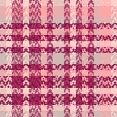 Vektör dokusunu dekore et, dokuma dokusunu düzelt. Web sitesi ekoseli arka plan, pembe ve açık renk paletinde pürüzsüz..