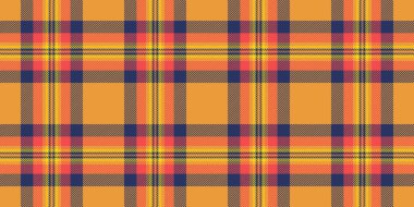 Düzenlenebilir doku kontrolü kumaş, reklam desenli ekose kumaş. Turuncu ve mavi renk paletinde Cadılar Bayramı kusursuz arkaplan tartan vektörü.