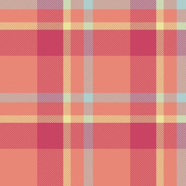 Ekoseli kumaştan kumaş örneği, tekstil vektör kumaşı. Kırmızı ve açık renk paletinde özelleştirilmiş tartan desen denetimi.