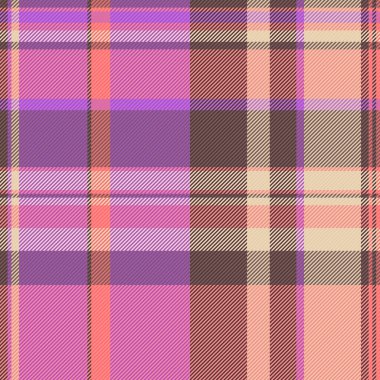 Egzotik vektör tekstil dokusu, ekose desen kontrolü. Lale ve mor renk paletinde erkek gömlekli tartan kumaş pürüzsüz arkaplan.