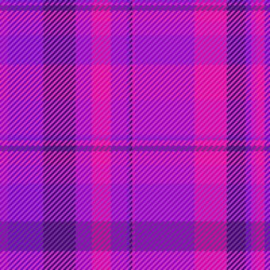 Konforlu vektör deseni, uzunluğu olmayan dikdörtgen kumaş. Mor ve mor renk paletinde ekose tekstil arkaplanını saf kontrol et.