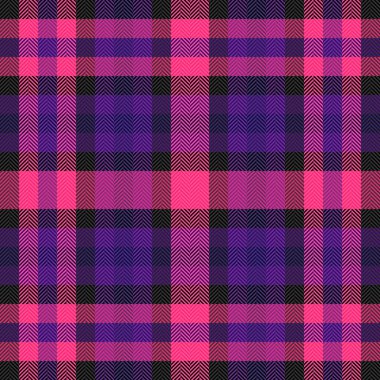 60 'lar desensiz, dekorasyon vektörü desenli ekoseyi kontrol ediyor. Kış kumaşı arka plan pembe ve menekşe renk paleti ile tekstil tartanı.