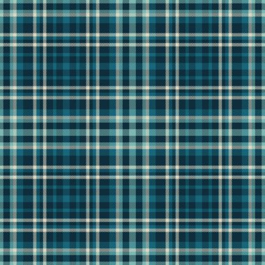 Kilt tekstil dikişsiz, kadife desenli tartan vektörü. Koyu ve cyan renk paletinde doğrudan kumaş şablonu kontrol arkaplanı.