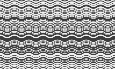Soyut monokrom dalga deseni. Dalgalanan siyah beyaz çizgiler içeren kusursuz tasarım, arka plan, tekstil veya web sitesi tasarımı için ideal.