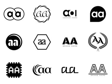 AA logo şirketi şablonu. A harfi ve logoti. Tasarım elemanları ile farklı klasik serif harfleri ve modern kalın metin ayarla. İlk yazı tipi tipografisi. Koleksiyon trend iş kimliği.