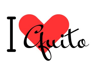 Quito 'yu seviyorum, Ekvador şehri. Kırmızı kalpli el yazısıyla yazılmış mektuplar. Vektör illüstrasyon harfleri, yazdırma tişörtü, afiş, poster, etiket veya etiket için modern tasarım.