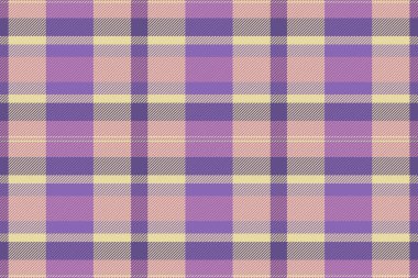 Tekstil tartan geçmişini kontrol eder, vektör kontrolü yapar. Mor ve açık renk paletinde çapraz desenli ekose kumaş dokusu.