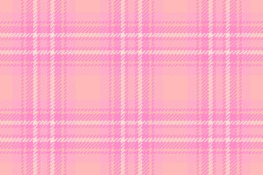 Tekstil kontrolü, mevcut desenli ekose kumaş. Aydınlık ve pembe renk paletinde yaş dokusu tartansız vektör.