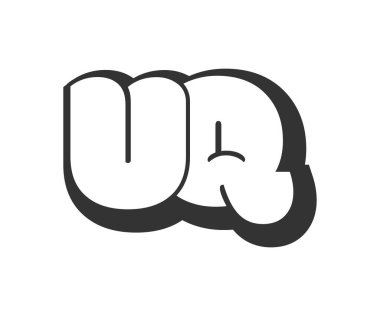 UQ logosu, karikatür harfleri, graffiti stili siyah beyaz siluet şeklinde yuvarlak. Festival partisi için son moda U ve Q harfi. Baş harfleri, çocuklar için funky prinky ve web. Vektör illüstrasyonu.