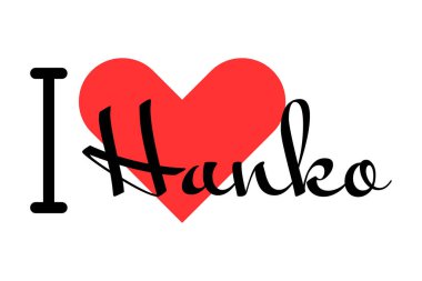 Hanko 'yu seviyorum, Finlandiya şehri. Kırmızı kalpli el yazısıyla yazılmış mektuplar. Vektör illüstrasyon harfleri, yazdırma tişörtü, afiş, poster, etiket veya etiket için modern tasarım.