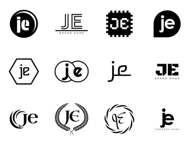 JE logo şirketi şablonu. J harfi ve e logoti. Tasarım elemanları ile farklı klasik serif harfleri ve modern kalın metin ayarla. İlk yazı tipi tipografisi. Koleksiyon trend iş kimliği.