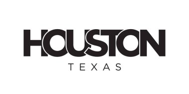 Houston, Teksas, ABD tipografi sloganı. Baskı ve web ürünleri için grafik şehir harfleriyle Amerika logosu.