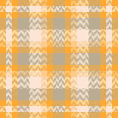 Sıcak desenli tekstil arka planı. Turuncu ve bej renkli klasik, dikişsiz bir tartan tasarımı. Giysi, iç mekan veya grafik tasarım projeleri için kullan.