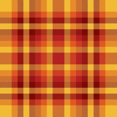 Özel desenli ekose kumaş, ABD dokusu dikişsiz. Kehribar ve kırmızı renk paletinde arkaplan tartan kontrol vektörü yazdırılıyor.