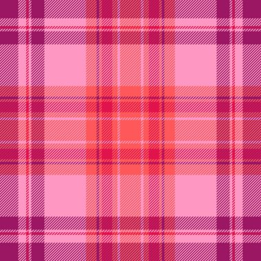 Yumuşak ekoseli ekosesiz vektör, kış kontrolü kumaş tartan. Pembe ve kırmızı renk paletinde koyu desenli arka plan tekstili.