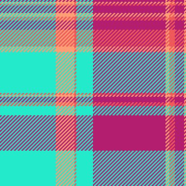 Dinamik pikselli ekoseli desen canlı deniz mavisi, fuşya ve mercan tonlarında..