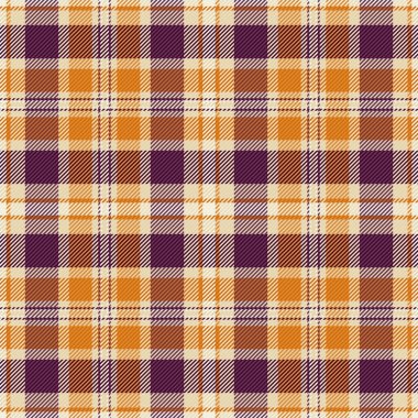 Ilık turuncu, koyu mor ve krem içeren zengin sonbahar ekose desenli. Bu rahat tartan tekstil tasarımı hasat konforunu, geleneksel stili ve şenlikli cazibeyi çağrıştırıyor..