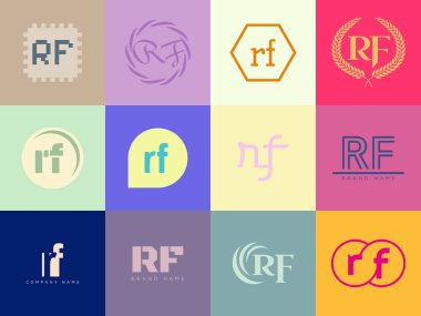 RF logo şirketi şablonu. R harfi ve f logoti. Tasarım elemanları ile farklı klasik serif harfleri ve modern kalın metin ayarla. İlk yazı tipi tipografisi. Koleksiyon trend iş kimliği.