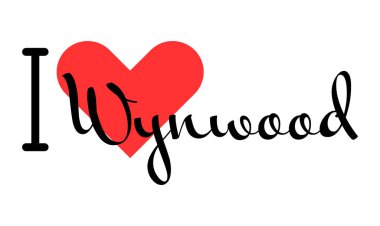 I love Wynwood Miami USA. Hand drawn letters with red heart. Vector illustration, lettering in modern design for print t shirt, banner, poster, sticker or label.