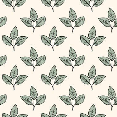 Zarif, pürüzsüz bir desen. Şekil verilmiş yapraklar. Kremsi bir arka planda soluk yeşil renkler..
