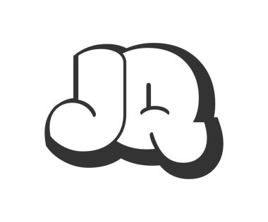JQ logosu, karikatür harfleri, graffiti stili siyah beyaz siluet şeklinde yuvarlak. Festival partisi için son moda J ve Q harfi, baş harfleri, çocuklar için funky prinky ve web. Vektör illüstrasyonu.