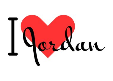 Jordan 'ı seviyorum. Kırmızı kalpli el yazısıyla yazılmış mektuplar. Yazılı t-shirt, afiş, poster, çıkartma veya etiket için modern tasarım harfleri.