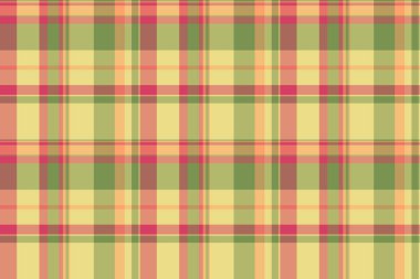 Latince ekose kumaş kontrolü, cennet dokusu vektörü pürüzsüz. Kovboy desenli kumaş arka plan tartanı kırmızı ve limon rengi paletinde.