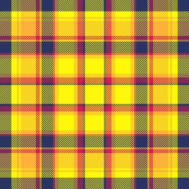 Parlak sarı ve mavi ekose desenli koyu kırmızı çizgiler. Moda tasarımı, şenlikli arka planlar veya modaya uygun dijital arka planlar ve kağıt için kusursuz bir tartan kumaş dokusu..
