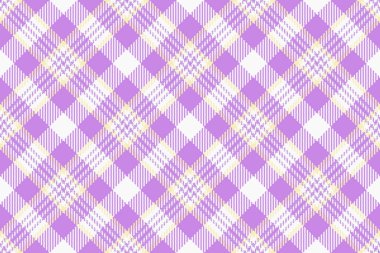 Geleneksel doku kumaş ekose, düzenli tekstil vektörünü kontrol et. Süslü tartan arkaplan deseni mor ve beyaz renk paletinde pürüzsüz.