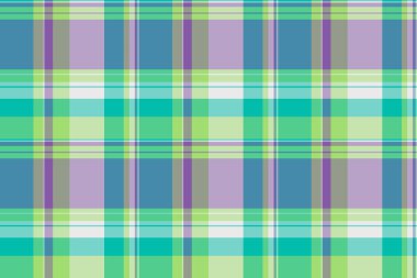 Madras desenli tartan, özelleştirilmiş kumaş dokusu vektörü. Britanya tekstil ekose ekoseli yeşil ve pastel renk paleti.