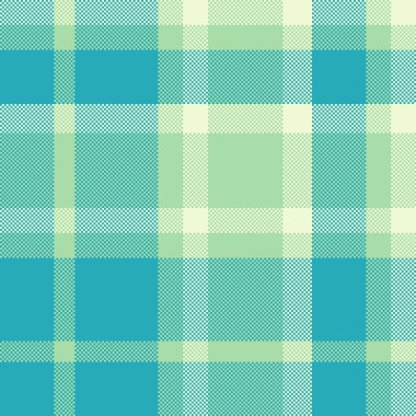 Renkli desen kontrol vektörü, fabrika ekose dikişsiz tekstil. Uluslararası kumaş desen arkaplan ekoseli ışık ve cyan renk paleti.