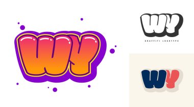 Festival ya da parti için WY logo tasarımı. Graffiti tarzında ilk harf w ve y. Yazı tipi tipografisinin yaratıcı modern harfleri. Modayı takip eden logotlar ya da kimlikler. Vektör illüstrasyonu.