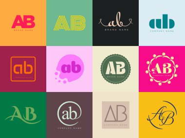 AB logo şirketi şablonu. A ve B harfleri logoti. Tasarım elemanları ile farklı klasik serif harfleri ve modern kalın metin ayarla. İlk yazı tipi tipografisi. Koleksiyon trend iş kimliği.