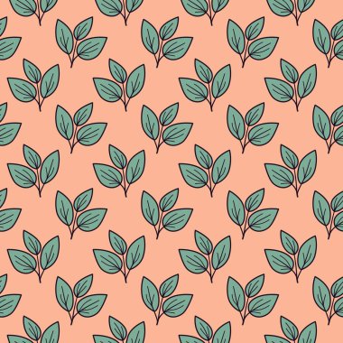 Şeftali arka planında biçimlendirilmiş deniz mavisi yapraklarının kusursuz deseni. Tekstil tasarımı, duvar kağıdı ya da organik zarafete ihtiyaç duyan markalaşma projeleri için mükemmel..