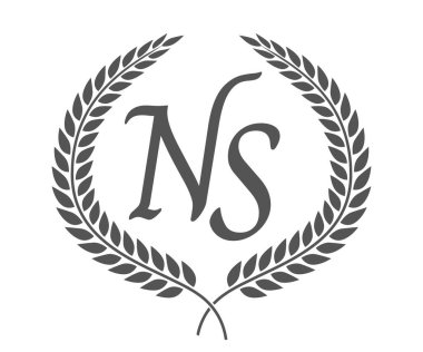 İlk harf N ve S, NS monogram logo tasarımı defne çelengi. Kaligrafi yazı tipli lüks amblem.
