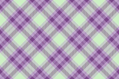 Egzotik ekose kumaş kontrolü, kumaş katran desenini seç. Pastel ve mor renk paletindeki desensiz arkaplan vektörünü denetler.