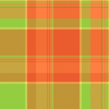 Ağ kumaş ekose kontrolü, yapısal tekstil vektörü. Turuncu ve yeşil renk paletinde desensiz tartan deseni dizayn et.