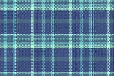 Atölye şablonu ekoseli, periyodik kumaş dokusu pürüzsüz. Cyan ve mavi renk paletinde yıldönümü tekstil arka plan tartanı.