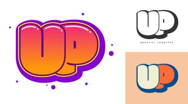 Festival ya da parti için UP logo tasarımı. Graffiti tarzında ilk harf u ve p. Yazı tipi tipografisinin yaratıcı modern harfleri. Modayı takip eden logotlar ya da kimlikler. Vektör illüstrasyonu.