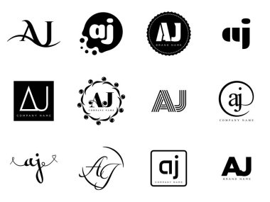 AJ logo şirketi şablonu. A ve J harfleri logoti. Tasarım elemanları ile farklı klasik serif harfleri ve modern kalın metin ayarla. İlk yazı tipi tipografisi. Koleksiyon trend iş kimliği.