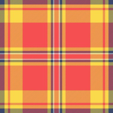 Cilt tekstil dokusu pürüzsüz, İngiliz deseni ekoseli. Kırmızı ve sarı renk paletinde çizgili vektör kumaşı arkaplan tartanı.