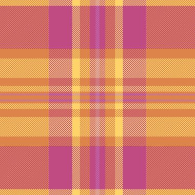 Sıcak turuncu, sarı ve mor renklerin karışımından oluşan canlı ekose desenler, tekstil tasarımları, arka planlar veya grafik örtüleri için mükemmeldir..