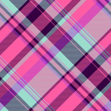Patlak kumaş dokusu vektörü, çok renkli arka plan dikişsiz. Noel zamanı ekose kumaş tartını pembe ve gök mavisi renginde kontrol et..
