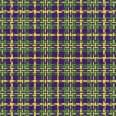 Canlı mor, yeşil ve sarı pikselli ekose desenli. Bu pürüzsüz dijital tartan tekstil baskıları, web sitesi geçmişleri ve yaratıcı grafik tasarımları için 8bit retro-estetik sunuyor..