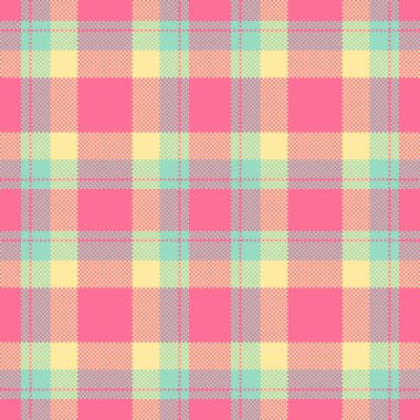 Yaşlanmış, pürüzsüz doku kalıbı, tekstil kontrol vektörü reklamı. Fiber kumaş arkaplan ekoseli kırmızı ve nane rengi paleti.