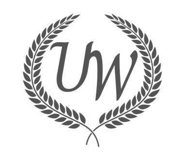 İlk harf U ve W, defne çelengi ile UW monogram logo tasarımı. Kaligrafi yazı tipli lüks amblem.