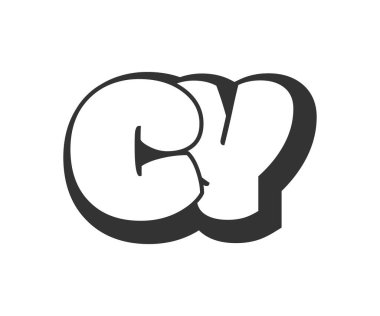 CY logosu, karikatür harfleri, graffiti stili siyah beyaz siluet şeklinde yuvarlak. Festival partisi için modaya uygun C ve Y harfleri, baş harfleri, çocuklar için funky prinky ve web. Vektör illüstrasyonu.